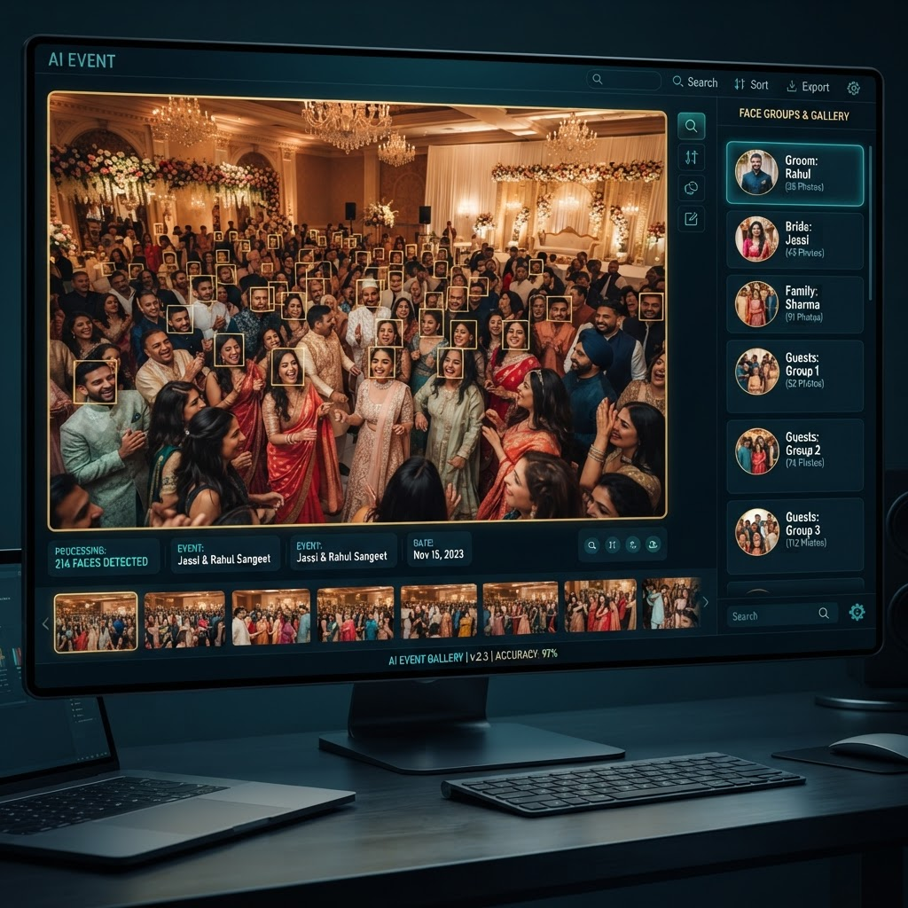 AI face recognition detecting guests across an event photograph