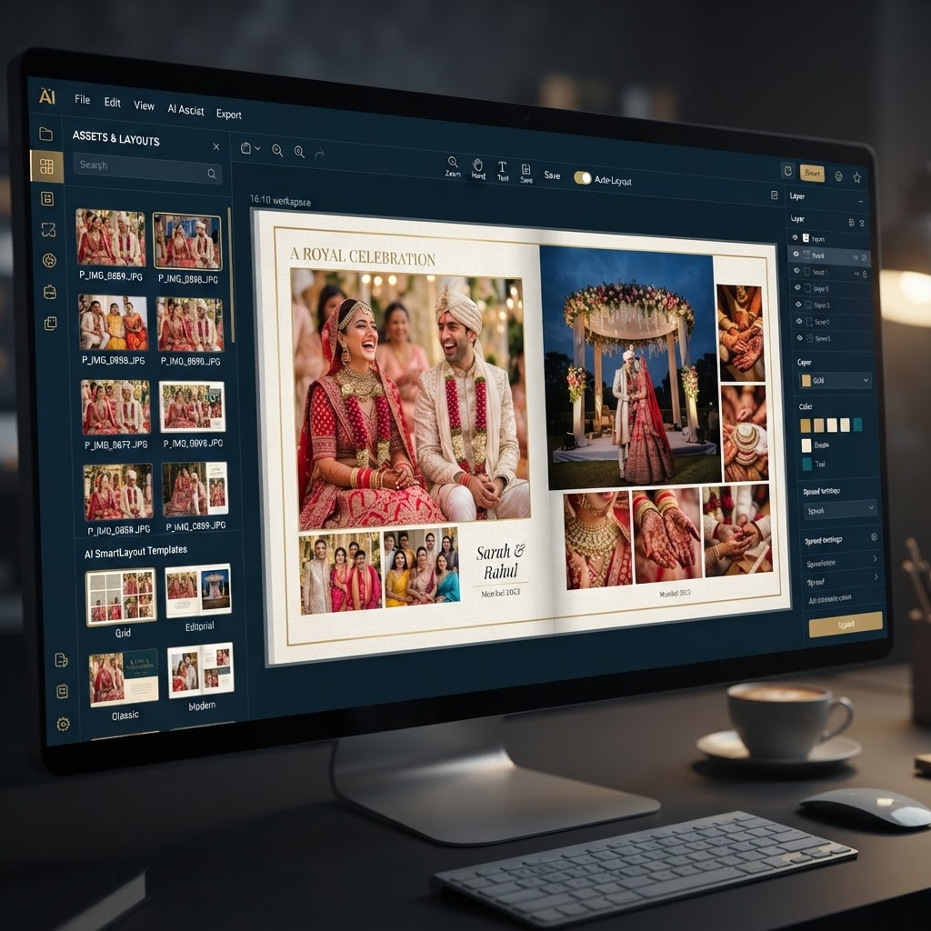 AI album designer laying out a wedding album spread